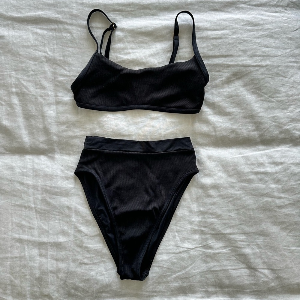 L*Space High Waisted Black Ribbed Bandeau Bikini
